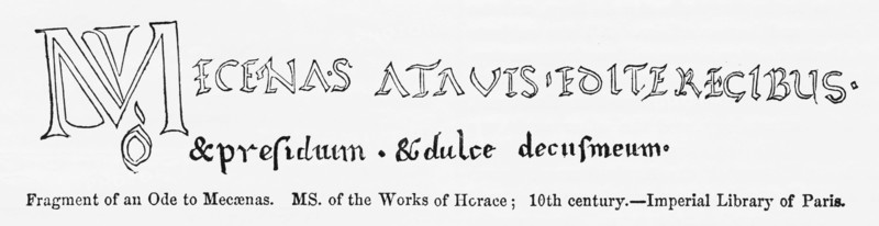 Fragment of an ode to Mecaenas, Manuscript of the Works of Horace; 10th century - Imperial Library of Paris, Illustration from John Cassell's Illustrated History of England, Vol. I from the earliest period to the reign of Edward the Fourth, Cassell, Petter and Galpin, 1857