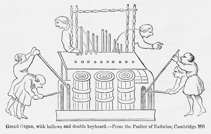 Grand Organ, with Bellows and Double Keyboard, From the Psalter of Eadwine, Cambridge Manuscript, Illustration from John Cassell's Illustrated History of England, Vol. I from the earliest period to the reign of Edward the Fourth, Cassell, Petter and Galpin, 1857