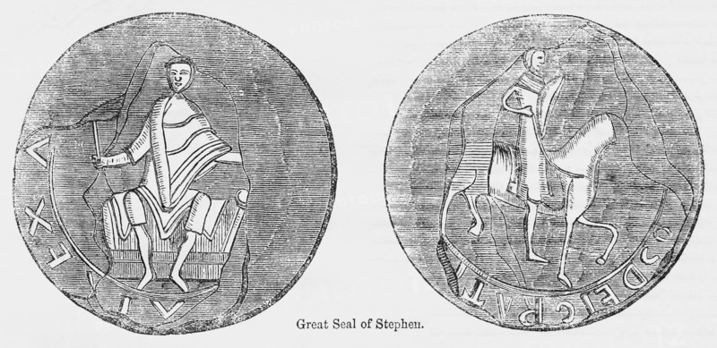 Great Seal of Stephen, Illustration from John Cassell's Illustrated History of England, Vol. I from the earliest period to the reign of Edward the Fourth, Cassell, Petter and Galpin, 1857
