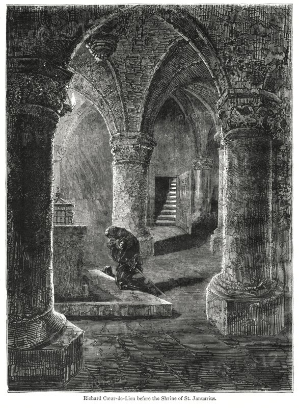 Richard Coeur de Lion before the shrine of St. Januarius, Illustration from John Cassell's Illustrated History of England, Vol. I from the earliest period to the reign of Edward the Fourth, Cassell, Petter and Galpin, 1857