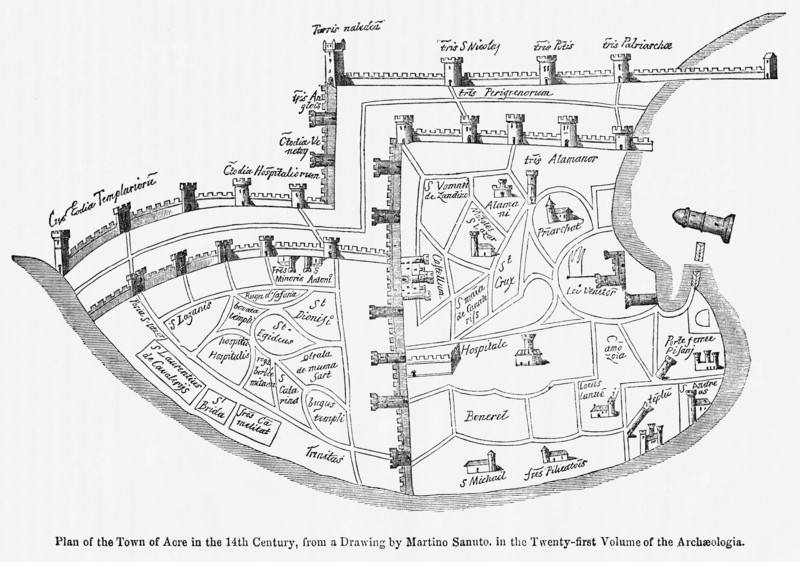 Plan of the Town of Acre in the 14th Century, from a Drawing by Martino Santo in the Twenty-Twenty-First Volume of the Archaeologia, Illustration from John Cassell's Illustrated History of England, Vol. I from the earliest period to the reign of Edward the Fourth, Cassell, Petter and Galpin, 1857