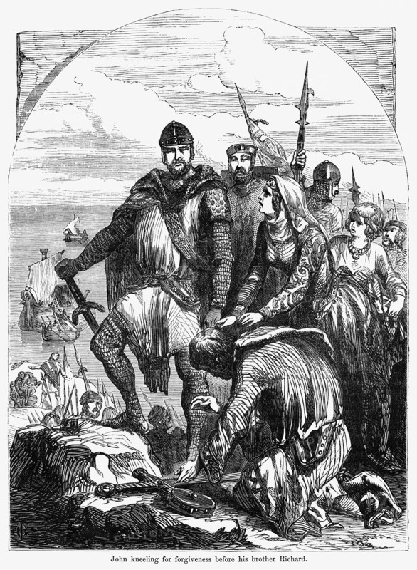 John kneeling for forgiveness before his brother Richard, Illustration from John Cassell's Illustrated History of England, Vol. I from the earliest period to the reign of Edward the Fourth, Cassell, Petter and Galpin, 1857