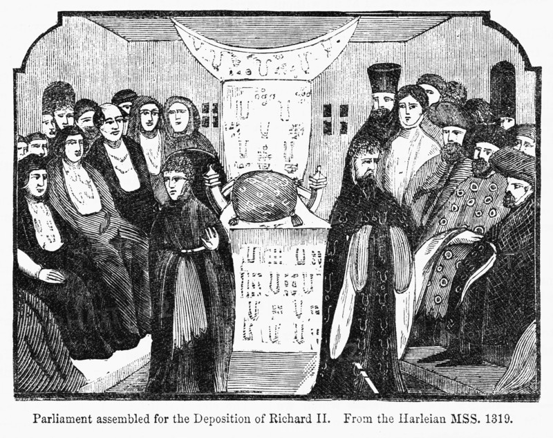 Parliament assembled for the Deposition of Richard II, From the Harleian Mss. 1319, Illustration from John Cassell's Illustrated History of England, Vol. I from the earliest period to the reign of Edward the Fourth, Cassell, Petter and Galpin, 1857
