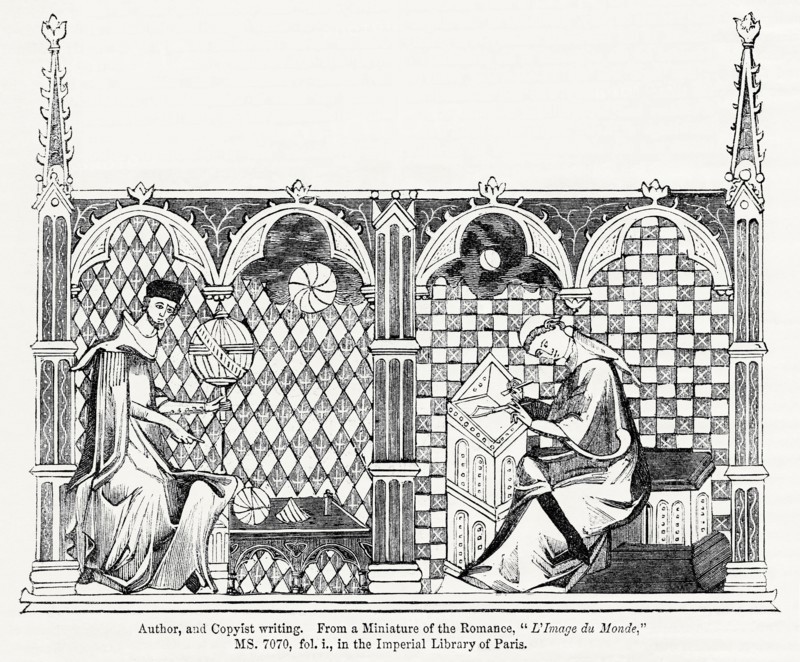Author and Copyist writing, From a miniature of the Romance, “L’Image du Monde,” MS. 7070, for. i., in the Imperial Library of Paris, Illustration from John Cassell's Illustrated History of England, Vol. I from the earliest period to the reign of Edward the Fourth, Cassell, Petter and Galpin, 1857