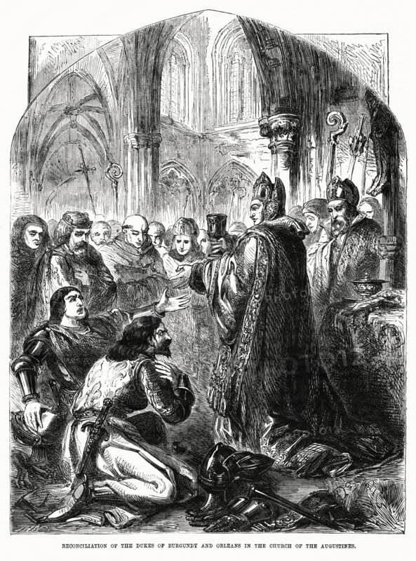 Reconciliation of the Dukes of Burgundy and Orleans in the Church of the Augustines, Illustration from John Cassell's Illustrated History of England, Vol. I from the earliest period to the reign of Edward the Fourth, Cassell, Petter and Galpin, 1857