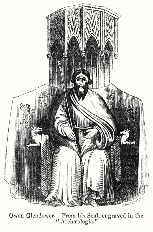 Owen Glendower, Prince of Wales 1404-15, From his Seal, engraved in the “Archeologica”, Illustration from John Cassell's Illustrated History of England, Vol. I from the earliest period to the reign of Edward the Fourth, Cassell, Petter and Galpin, 1857