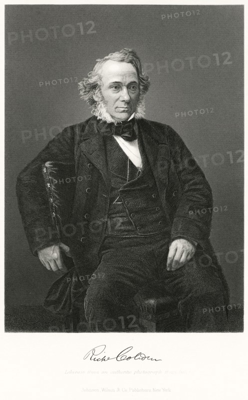 Richard Cobden (1804-65), English Manufacturer and Liberal Statesman, Three-Quarter Length Seated Portrait, Steel Engraving, Portrait Gallery of Eminent Men and Women of Europe and America by Evert A. Duyckinck, Published by Henry J. Johnson, Johnson, Wilson & Company, New York, 1873