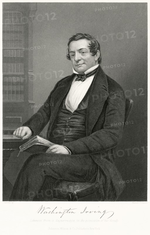 Washington Irving (1783-1859), American Writer and Diplomat, Seated Portrait, Steel Engraving, Portrait Gallery of Eminent Men and Women of Europe and America by Evert A. Duyckinck, Published by Henry J. Johnson, Johnson, Wilson & Company, New York, 1873