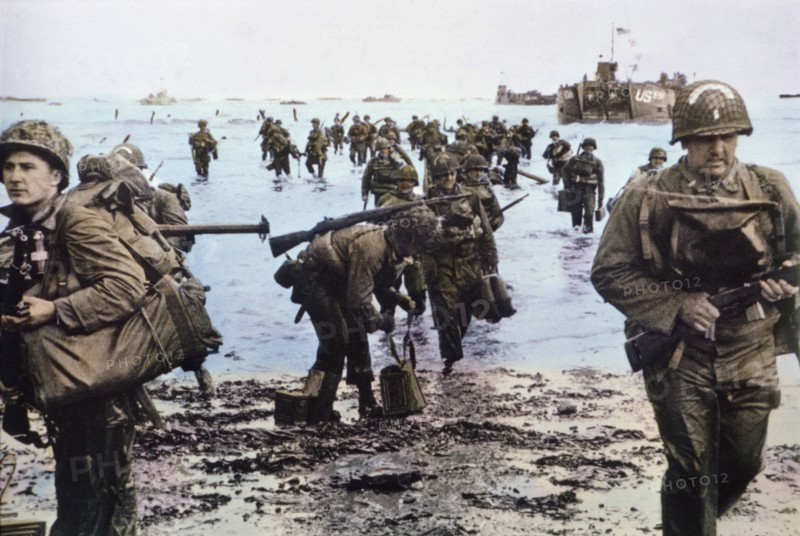 American Assault Troops with Full Equipment Move onto a Beachhead in Northern France, by Wall, U.S. Signal Corps, June 7, 1944