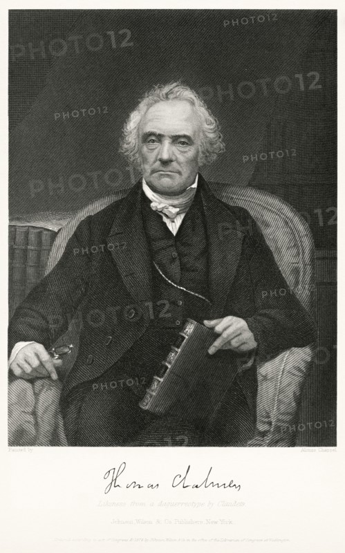 Thomas Chalmers (1780-1847), Scottish minister, professor of theology, political economist, and a leader of both the Church of Scotland and of the Free Church of Scotland, Head and Shoulders Portrait, Seated Portrait, Steel Engraving, Portrait Gallery of Eminent Men and Women of Europe and America by Evert A. Duyckinck, Published by Henry J. Johnson, Johnson, Wilson & Company, New York, 1873