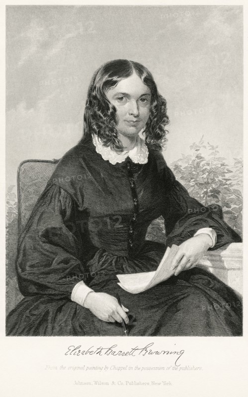Elizabeth Barrett Browning (1806-61), Prominent English Poet, Seated Portrait, Steel Engraving, Portrait Gallery of Eminent Men and Women of Europe and America by Evert A. Duyckinck, Published by Henry J. Johnson, Johnson, Wilson & Company, New York, 1873