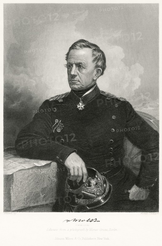 Helmuth von Moltke (1800-91), the Elder, Prussian Field Marshal and Chief of the German General Staff, Seated Portrait, Steel Engraving, Portrait Gallery of Eminent Men and Women of Europe and America by Evert A. Duyckinck, Published by Henry J. Johnson, Johnson, Wilson & Company, New York, 1873