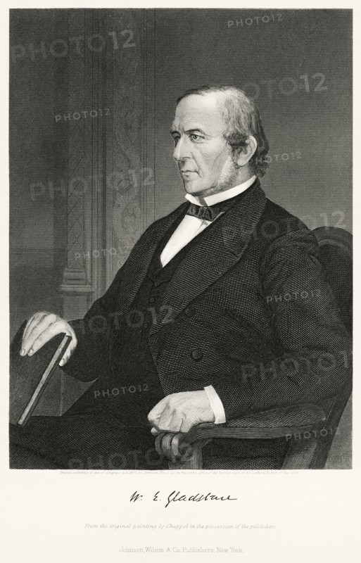 William Ewert Gladstone (1809-98), British Politician and Prime Minister spread over four terms beginning in 1868 and ending in 1894, Seated Portrait, Steel Engraving, Portrait Gallery of Eminent Men and Women of Europe and America by Evert A. Duyckinck, Published by Henry J. Johnson, Johnson, Wilson & Company, New York, 1873
