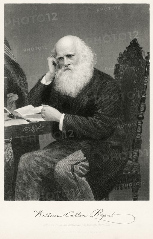 William Cullen Bryant (1794-1878), American Poet, Journalist and Editor of New York Evening Post, Seated Portrait, Steel Engraving, Portrait Gallery of Eminent Men and Women of Europe and America by Evert A. Duyckinck, Published by Henry J. Johnson, Johnson, Wilson & Company, New York, 1873