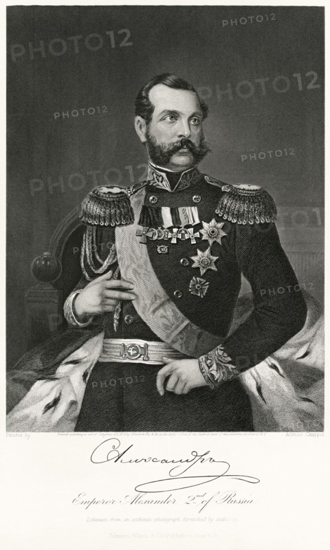 Alexander II (1818-81), Emperor of Russia 1855-81, Half-Length Portrait, Steel Engraving, Portrait Gallery of Eminent Men and Women of Europe and America by Evert A. Duyckinck, Published by Henry J. Johnson, Johnson, Wilson & Company, New York, 1873