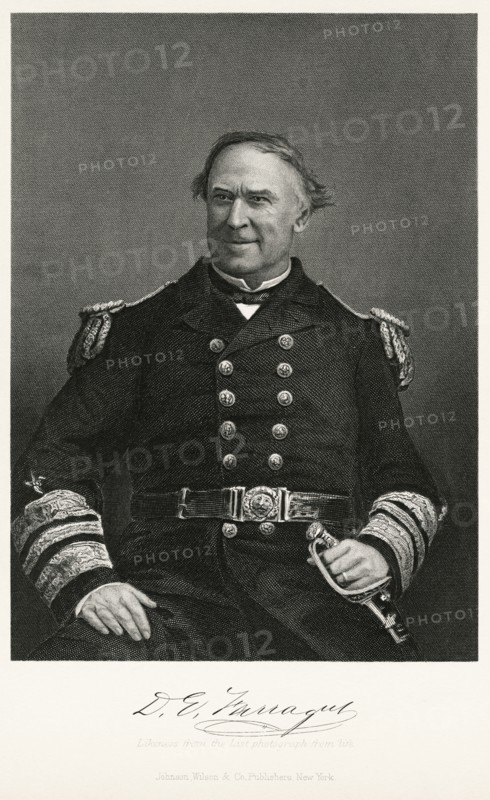 David G. Farragut (1801-70), American Admiral, U.S. Navy, Seated Portrait, Steel Engraving, Portrait Gallery of Eminent Men and Women of Europe and America by Evert A. Duyckinck, Published by Henry J. Johnson, Johnson, Wilson & Company, New York, 1873
