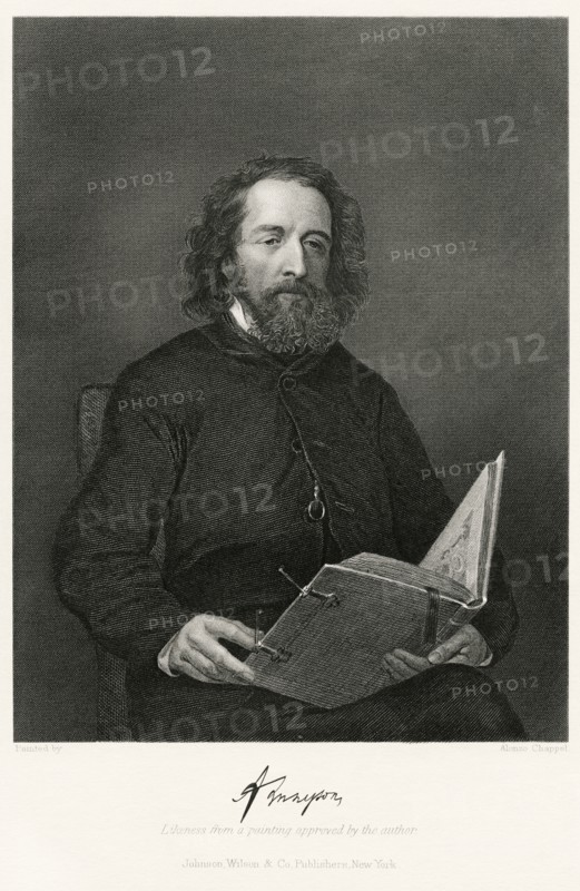 Alfred, Lord Tennyson (1809-92), English Poet,  Seated Portrait, Steel Engraving, Portrait Gallery of Eminent Men and Women of Europe and America by Evert A. Duyckinck, Published by Henry J. Johnson, Johnson, Wilson & Company, New York, 1873