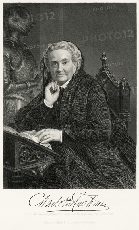 Charlotte Saunders Cushman (1816-76), American Stage Actress, Seated Portrait, Steel Engraving, Portrait Gallery of Eminent Men and Women of Europe and America by Evert A. Duyckinck, Published by Henry J. Johnson, Johnson, Wilson & Company, New York, 1873