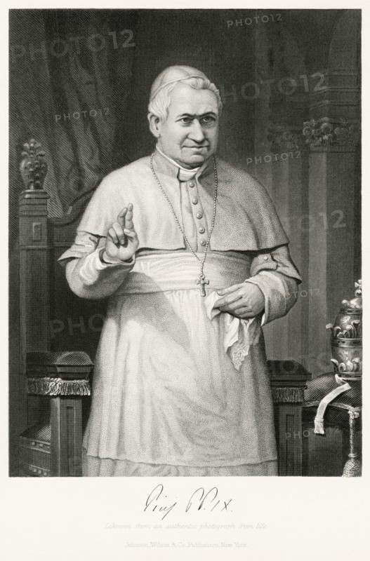 Pope Pius IX (1792-1878), Head of Catholic Church 1846-78, Three-quarter Length Portrait, Steel Engraving, Portrait Gallery of Eminent Men and Women of Europe and America by Evert A. Duyckinck, Published by Henry J. Johnson, Johnson, Wilson & Company, New York, 1873