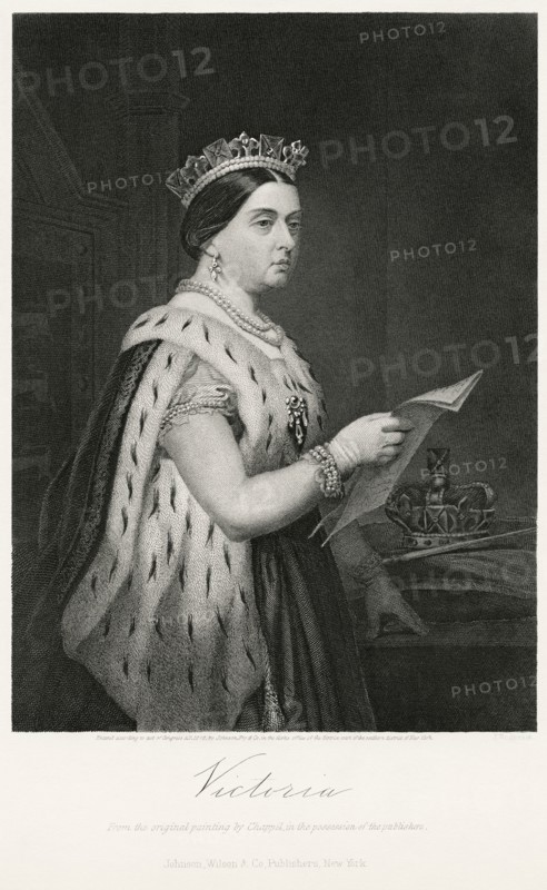 Queen Victoria (1819-1901), Queen of the United Kingdom of Great Britain and Ireland, Half-Length Portrait, Steel Engraving, Portrait Gallery of Eminent Men and Women of Europe and America by Evert A. Duyckinck, Published by Henry J. Johnson, Johnson, Wilson & Company, New York, 1873