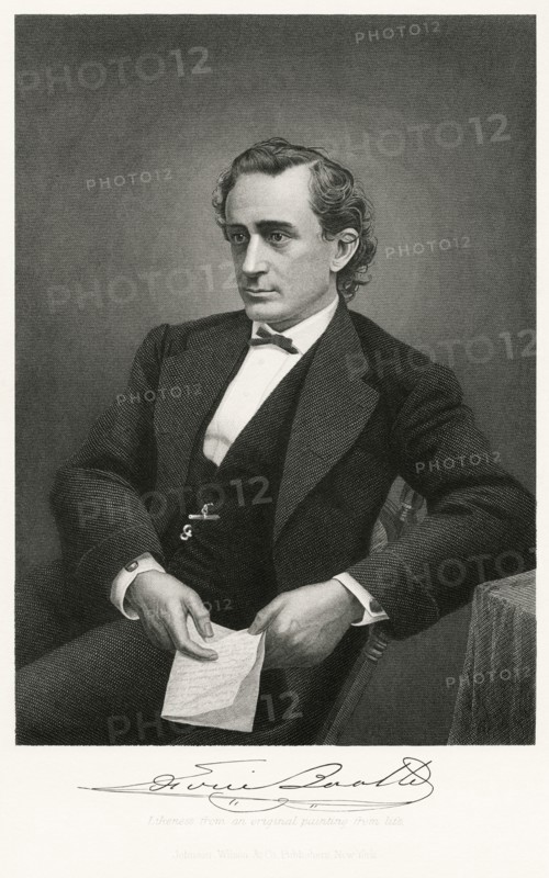 Edwin Booth (1833-93), American Actor, Seated Portrait, Steel Engraving, Portrait Gallery of Eminent Men and Women of Europe and America by Evert A. Duyckinck, Published by Henry J. Johnson, Johnson, Wilson & Company, New York, 1873