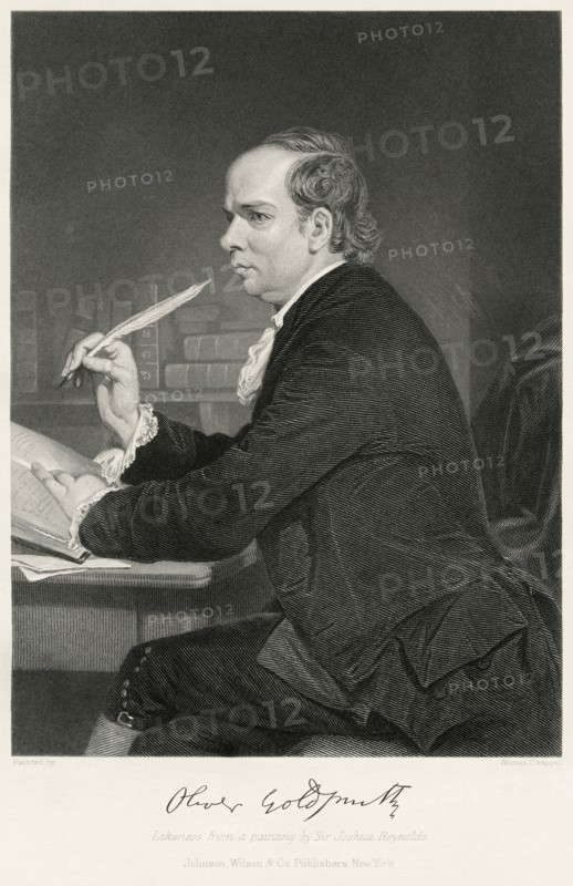 Oliver Goldsmith (1728-74), Irish Novelist, Playwright and Poet, Seated Portrait, Steel Engraving, Portrait Gallery of Eminent Men and Women of Europe and America by Evert A. Duyckinck, Published by Henry J. Johnson, Johnson, Wilson & Company, New York, 1873