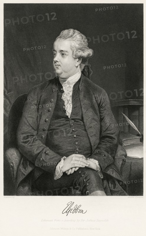 Edward Gibbon (1737-94), English Historian, Writer and Member of Parliament, Seated Portrait, Steel Engraving, Portrait Gallery of Eminent Men and Women of Europe and America by Evert A. Duyckinck, Published by Henry J. Johnson, Johnson, Wilson & Company, New York, 1873