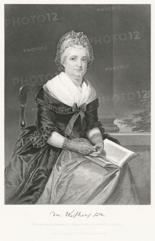 Martha Washington (1731-1802), Wife of George Washington, First President of the United States, Seated Portrait, Steel Engraving, Portrait Gallery of Eminent Men and Women of Europe and America by Evert A. Duyckinck, Published by Henry J. Johnson, Johnson, Wilson & Company, New York, 1873