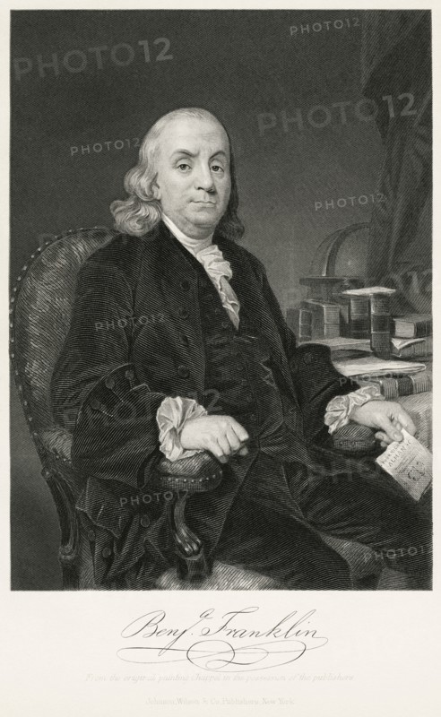 Benjamin Franklin (1706-90), American Printer, Publisher, Author, Inventor, Scientist, Diplomat and one of the Founding Fathers of the United States, Seated Portrait, Steel Engraving, Portrait Gallery of Eminent Men and Women of Europe and America by Evert A. Duyckinck, Published by Henry J. Johnson, Johnson, Wilson & Company, New York, 1873