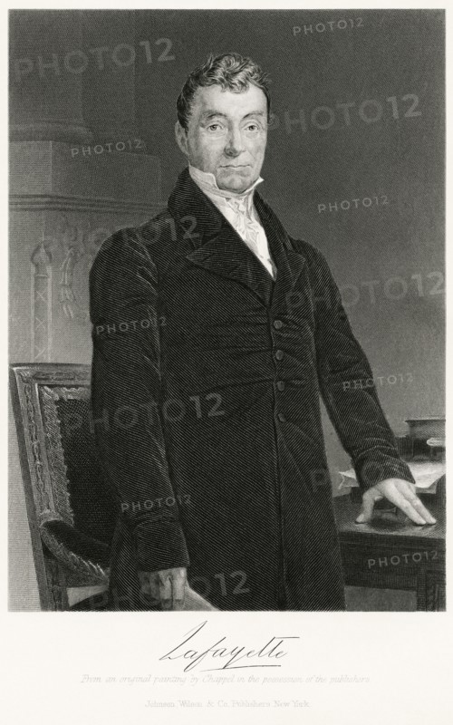 Gilbert du Motier, Marquis de Lafayette (1757-1834), French Aristocrat and Military Officer who fought in the American Revolutionary War and French Revolution, Three-Quarter Length Portrait, Steel Engraving, Portrait Gallery of Eminent Men and Women of Europe and America by Evert A. Duyckinck, Published by Henry J. Johnson, Johnson, Wilson & Company, New York, 1873