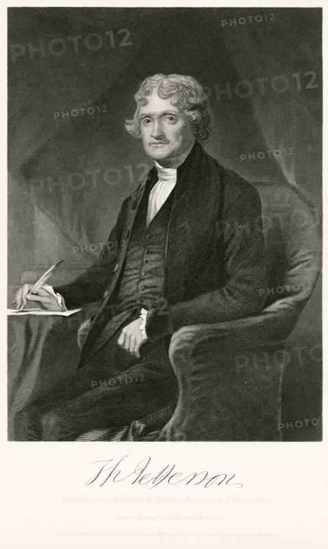 Thomas Jefferson (1743-1826), Third President of the United States, Seated Portrait, Steel Engraving, Portrait Gallery of Eminent Men and Women of Europe and America by Evert A. Duyckinck, Published by Henry J. Johnson, Johnson, Wilson & Company, New York, 1873