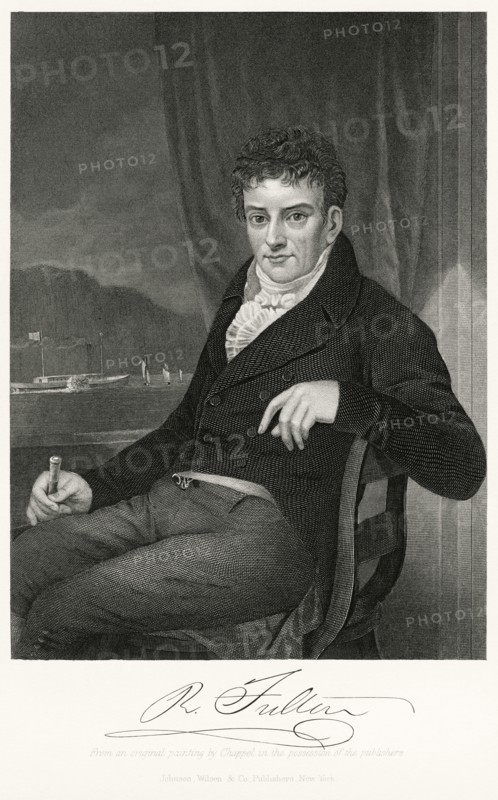Robert Fulton (1765-1815), British-American Engineer and Inventor who is Widely Credited with the Development of the Steamboat, Seated Portrait, Steel Engraving, Portrait Gallery of Eminent Men and Women of Europe and America by Evert A. Duyckinck, Published by Henry J. Johnson, Johnson, Wilson & Company, New York, 1873