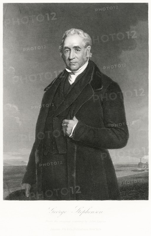 George Stephenson (1781-1848), English Engineer and Principal Inventor of the Railroad Locomotive, Three-Quarter Length Portrait, Steel Engraving, Portrait Gallery of Eminent Men and Women of Europe and America by Evert A. Duyckinck, Published by Henry J. Johnson, Johnson, Wilson & Company, New York, 1873