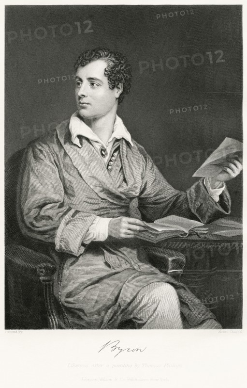 George Gordon Byron (1788-1824), Lord Byron, English Poet, Seated Portrait, Steel Engraving, Portrait Gallery of Eminent Men and Women of Europe and America by Evert A. Duyckinck, Published by Henry J. Johnson, Johnson, Wilson & Company, New York, 1873