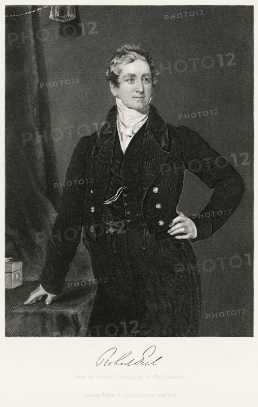 Sir Robert Peel (1788-1850), 2nd Baronet, British Statesman and Politician, Served Twice as Prime Minister of the United Kingdom 1834-35, 1841-46, Three-Quarter Length Portrait, Steel Engraving, Portrait Gallery of Eminent Men and Women of Europe and America by Evert A. Duyckinck, Published by Henry J. Johnson, Johnson, Wilson & Company, New York, 1873