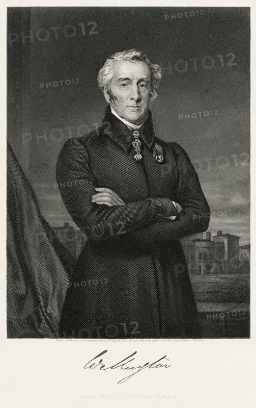 Arthur Wellesley (1769-1852), 1st Duke of Wellington, Leading British Military and Political Figure, serving twice as Prime Minister of the United Kingdom 1828-30, 1834-34, Three-Quarter Length Portrait, Steel Engraving, Portrait Gallery of Eminent Men and Women of Europe and America by Evert A. Duyckinck, Published by Henry J. Johnson, Johnson, Wilson & Company, New York, 1873