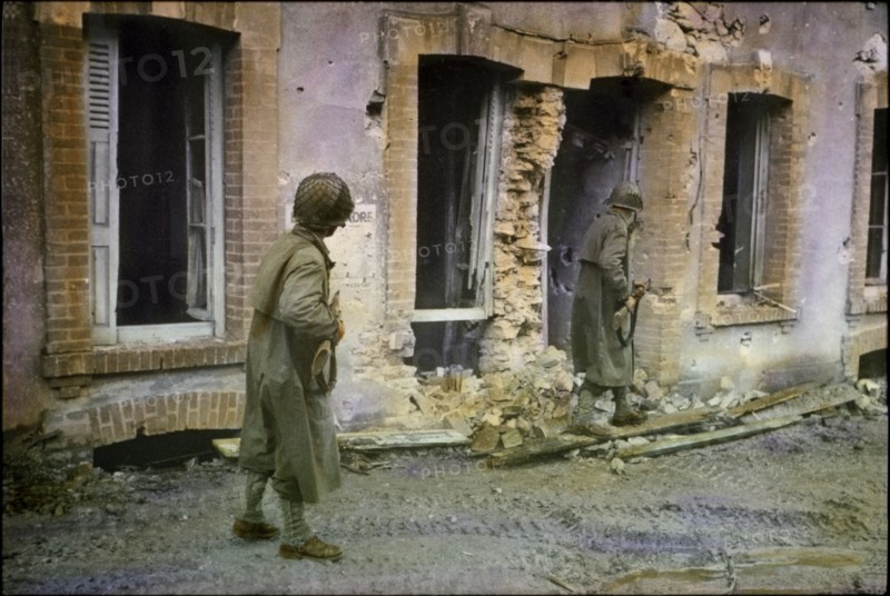 Two U.S. Soldiers Searching through Damaged Buildings, Battle of Normandy, Cherbourg, France, June 1944