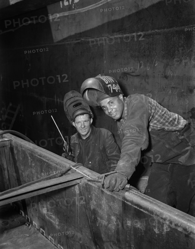 Two Rod Welders Helping to Build Liberty Ship Frederick Douglass, Bethlehem-Fairfield Shipyards, Baltimore, Maryland, USA, Roger Smith, U.S. Office of War Information, May 1943