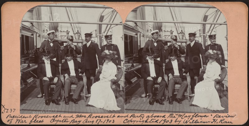 U.S. President Theodore Roosevelt (1st row center), Edith Roosevelt (1st row right) and Guests aboard Mayflower during Review of War Fleet, Oyster Bay, New York, USA, Stereo Card, William H. Rau, August 17, 1903