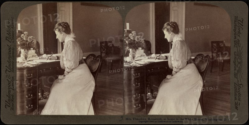 Mrs. Roosevelt, at home in the White House, Washington DC, USA, Stereo Card, Underwood & Underwood, 1903