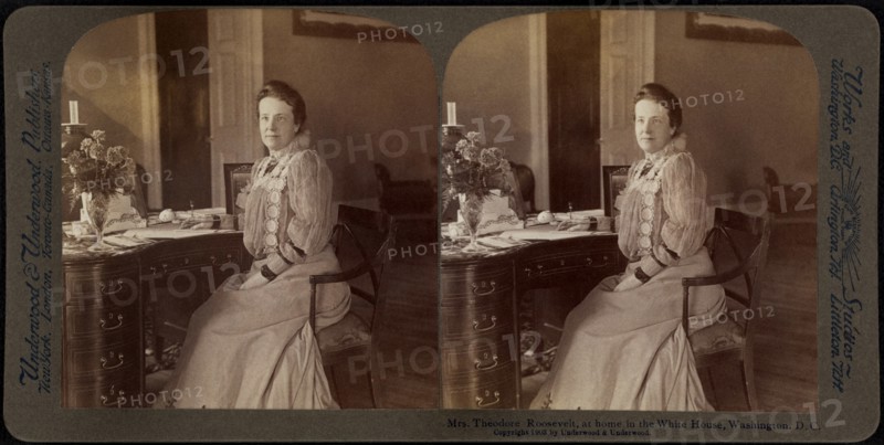 Mrs. Roosevelt, at home in the White House, Washington DC, USA, Stereo Card, Underwood & Underwood, 1903
