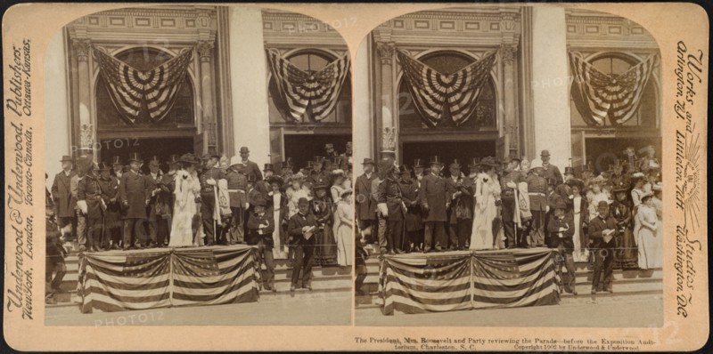 The President, Mrs. Roosevelt and Party Reviewing the Parade before the Exposition Auditorium, Charleston, South Carolina, USA, Stereo Card, Underwood & Underwood, 1902