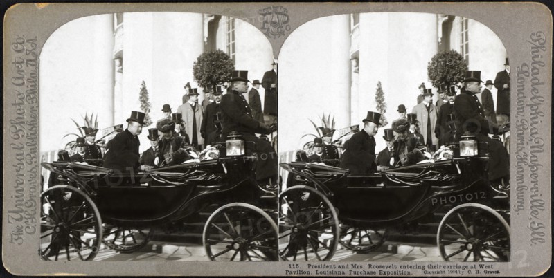 President and Mrs. Roosevelt entering their Carriage at West Pavilion, Louisiana Purchase Exposition, St. Louis, Missouri, USA, Stereo Card, C.H. Graves, The Universal Photo Art Co., 1904