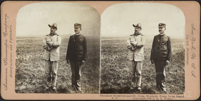 Theodore Roosevelt and Dr. Cross, Montauk Point, Long Island, Stereo Card, R.Y. Young for American Stereoscopic Co., 1898