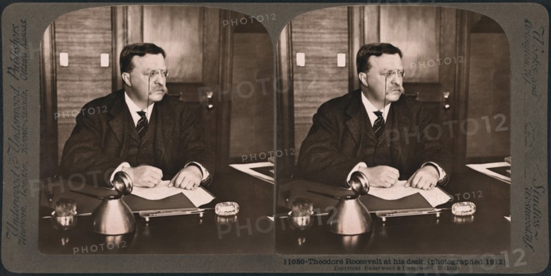 Theodore Roosevelt at his Desk, USA, Stereo Card, Underwood & Underwood, 1912