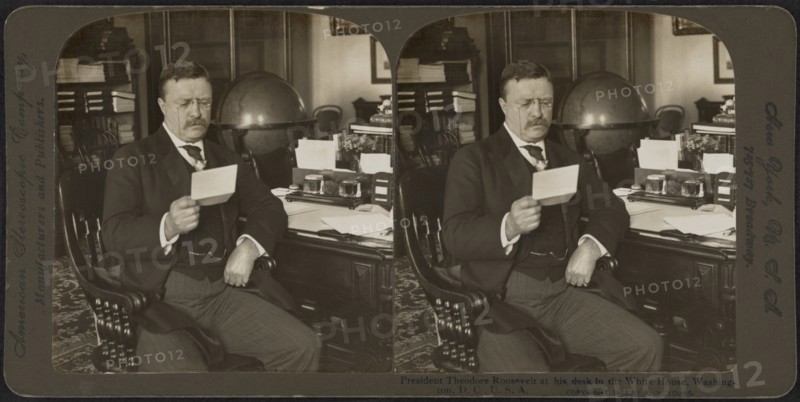 President Theodore Roosevelt at his desk in the White House, Washington, D.C., USA, Stereo Card, R.Y. Young, American Stereoscopic Co., 1903