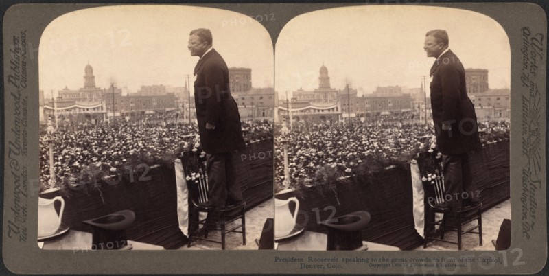 President Roosevelt speaking to the great crowds in front of the Capitol, Denver, Colo., Stereo Card, Underwood & Underwood, 1903