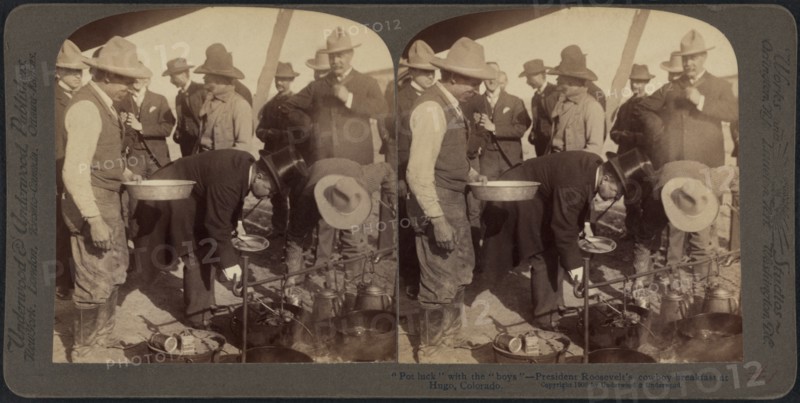 "Pot luck" with the "boys", President Roosevelt's Cowboy Breakfast at Hugo, Colorado, Stereo Card, Underwood & Underwood, 1903