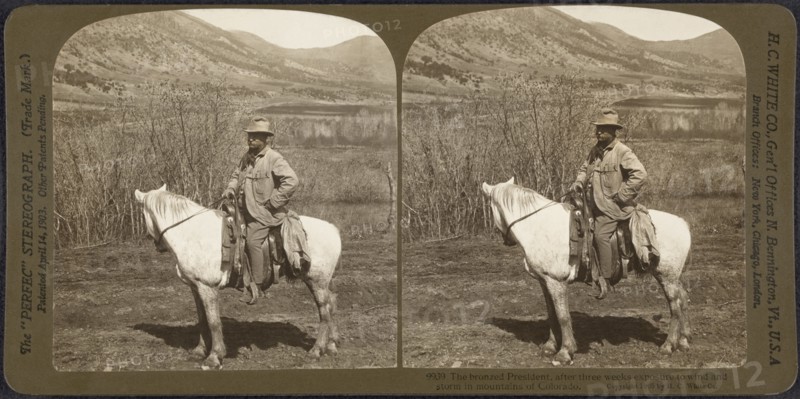 President Theodore Roosevelt on Horseback, Mountains in background, The bronzed President, after three weeks Exposure to Wind and Storm in Mountains of Colorado, USA, Stereo Card, H.C. White Co., June 1905