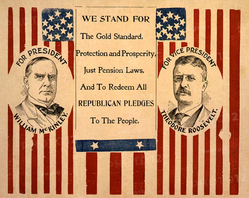 Campaign Poster for William McKinley and Theodore Roosevelt, Head and Shoulders Portraits  on United States flags, Lithograph, 1900